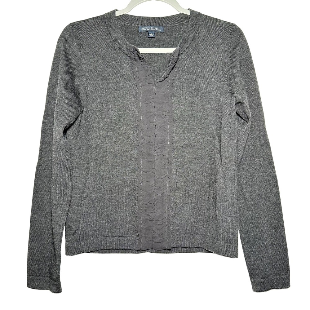 Banana Republic Women's Gray‎ Merino Wool Cardigan Sweater Ruffle Front Size M